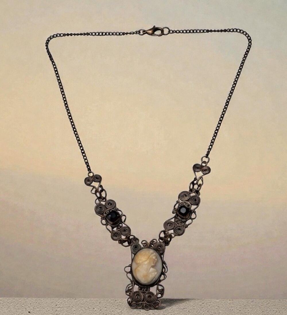 Antique 800 Silver Filigree Shell Cameo Necklace Bracelet Set Purple Glass Stone